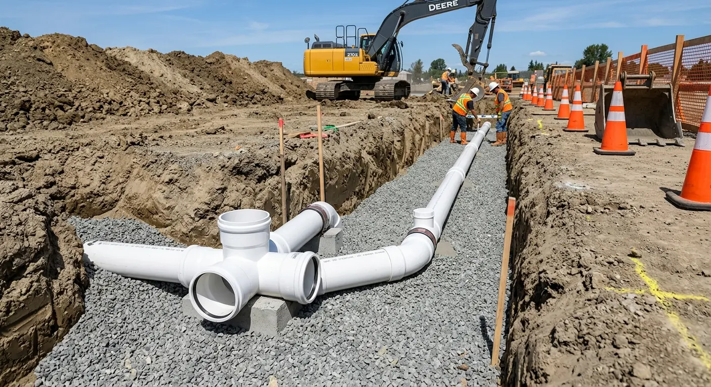 New PVC sewer pipe installation in open trench for Commercial Drain Cleaning in Bridgewater Town